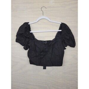 House of Harlow 1960 Woman's SZ 2 Crop Top Puff Sleeves Stretch Linen Black New